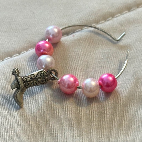 3/$15 Wine glass tag, stainless steel hoop, pink/white beads, cowboy boot charm - Picture 1 of 14
